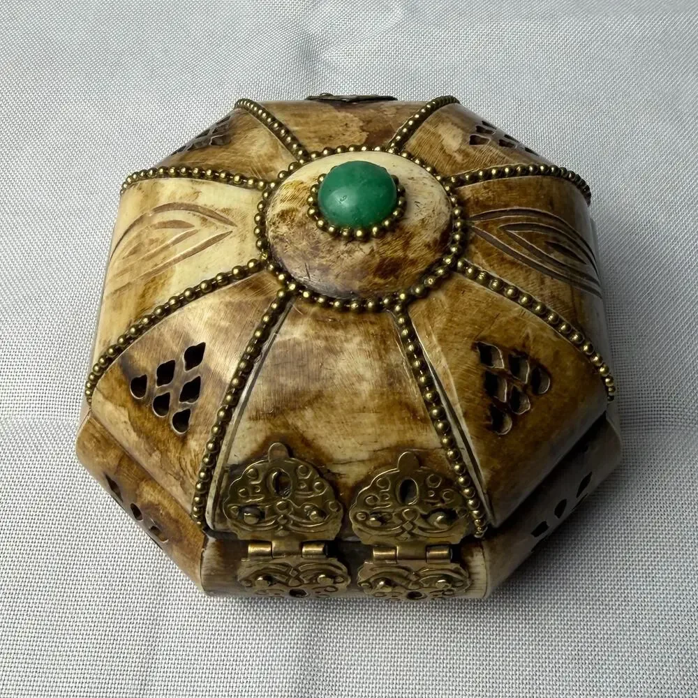 Vintage Camel Bone & Brass Trinket Box Octagonal India Green Cabochon